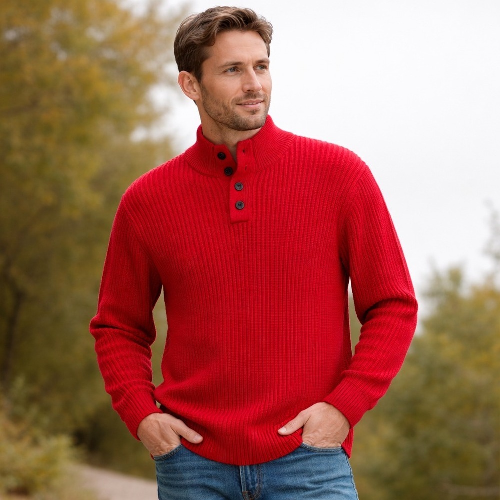 LL Bean Ribbed Cotton Henley Sweater XL Red Mock Neck‎ Pullover Outdoors Casual